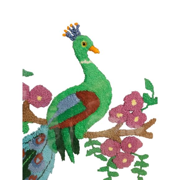 Vintage Mid Century Peacock Crewel 15x32 in Oak Framed Kitsch Boho Handmade - Picture 5 of 6